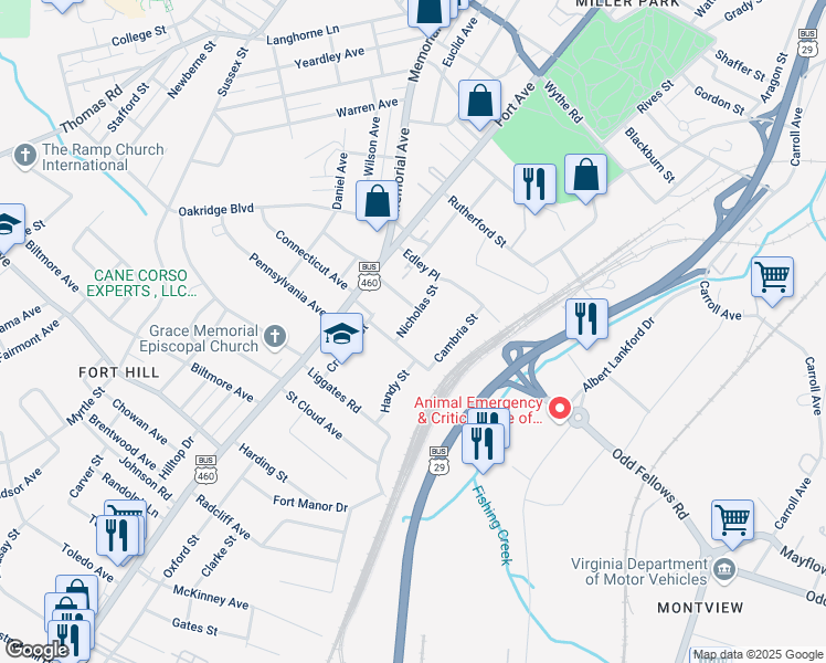map of restaurants, bars, coffee shops, grocery stores, and more near 3820 Nicholas Street in Lynchburg
