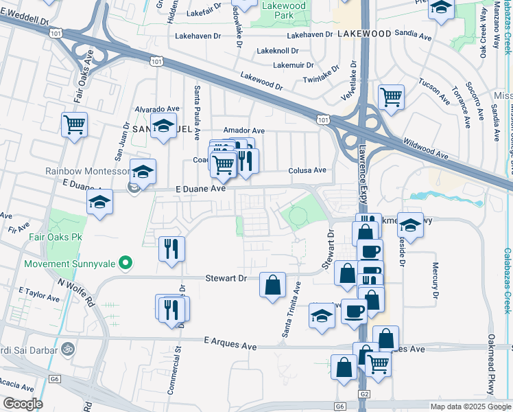 map of restaurants, bars, coffee shops, grocery stores, and more near 577 San Rivera Terrace in Sunnyvale