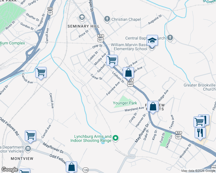 map of restaurants, bars, coffee shops, grocery stores, and more near 2923 Carter Street in Lynchburg