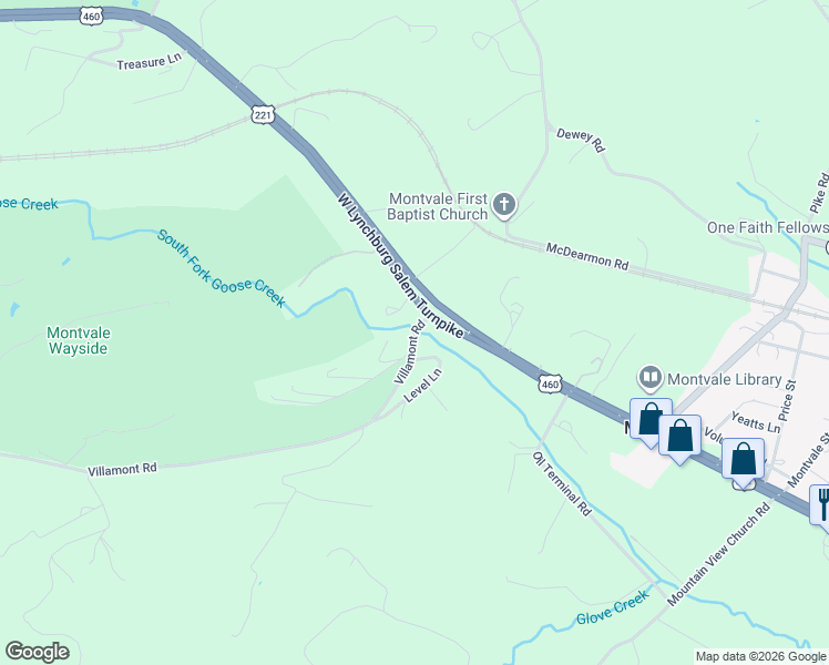 map of restaurants, bars, coffee shops, grocery stores, and more near 1043 Villamont Road in Blue Ridge