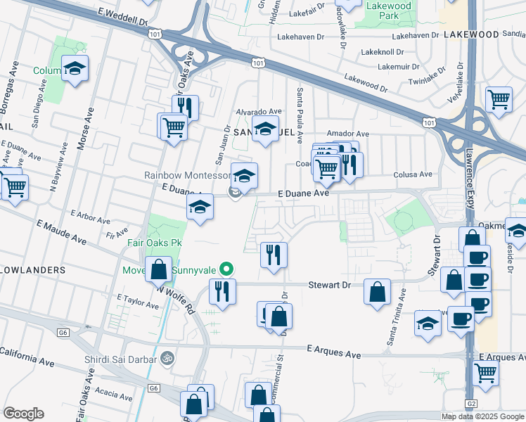 map of restaurants, bars, coffee shops, grocery stores, and more near 814 Cotati Terrace in Sunnyvale