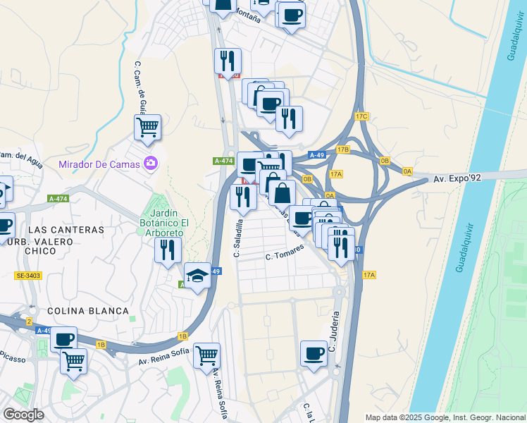 map of restaurants, bars, coffee shops, grocery stores, and more near 11 Calle Castilleja de la Cuesta in Camas