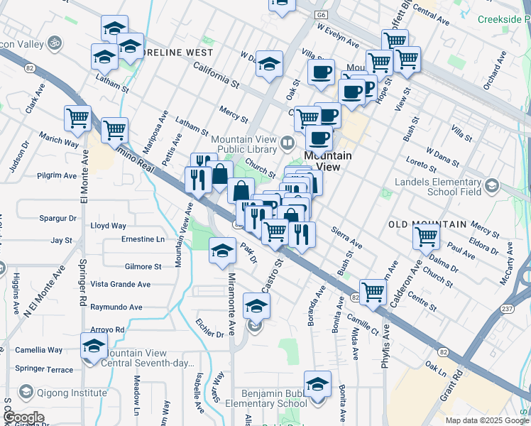 map of restaurants, bars, coffee shops, grocery stores, and more near 953 High School Way in Mountain View
