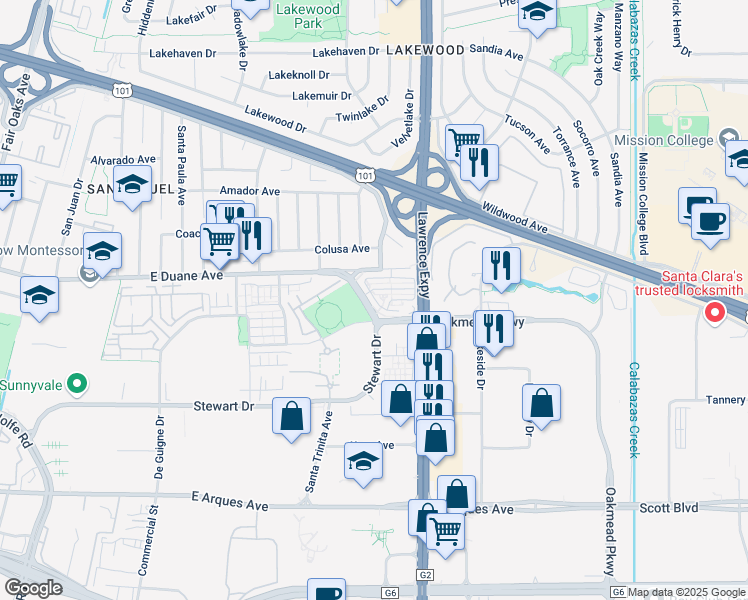 map of restaurants, bars, coffee shops, grocery stores, and more near 1069 Santa Tuscana Terrace in Sunnyvale