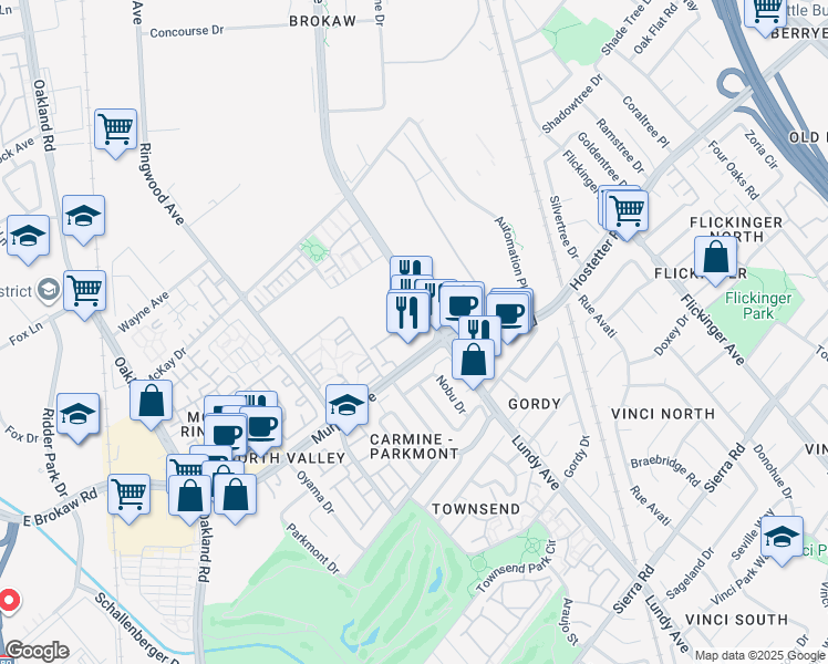 map of restaurants, bars, coffee shops, grocery stores, and more near 1701 Lundy Avenue in San Jose