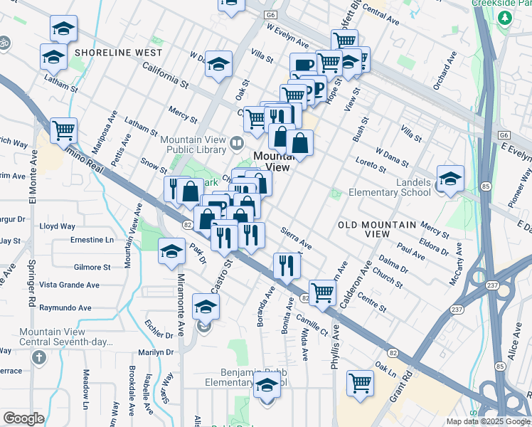 map of restaurants, bars, coffee shops, grocery stores, and more near 666 Hope Street in Mountain View