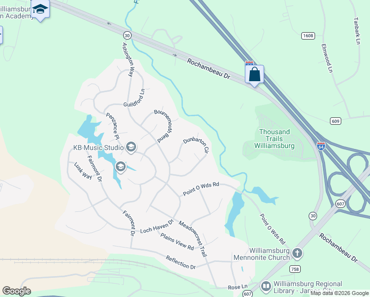 map of restaurants, bars, coffee shops, grocery stores, and more near 4016 Dunbarton Circle in Williamsburg