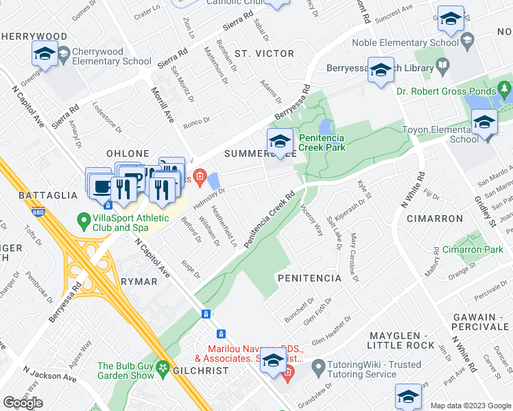 map of restaurants, bars, coffee shops, grocery stores, and more near 1047 Summerwood Court in San Jose