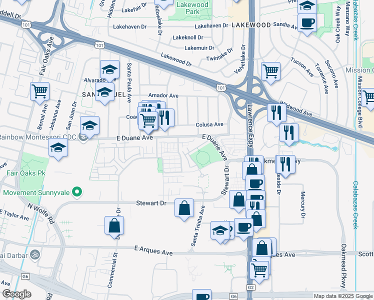 map of restaurants, bars, coffee shops, grocery stores, and more near 984 Crestline Terrace in Sunnyvale