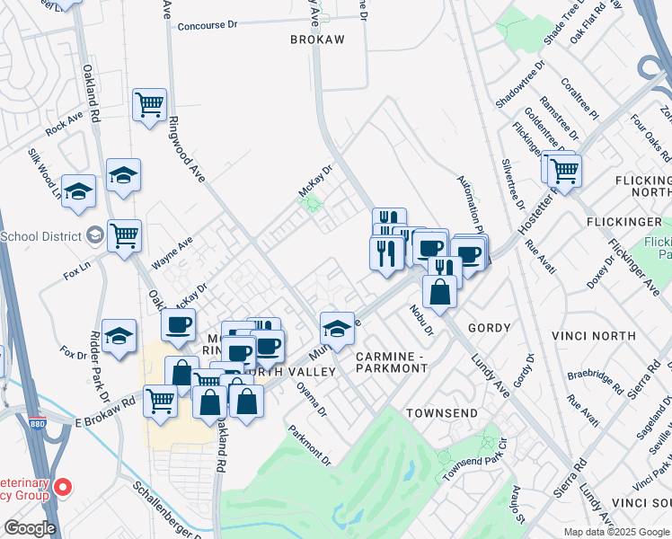 map of restaurants, bars, coffee shops, grocery stores, and more near 1551 Birchmeadow Court in San Jose