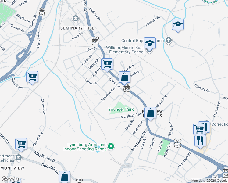 map of restaurants, bars, coffee shops, grocery stores, and more near 2308 Fairview Ave in Lynchburg