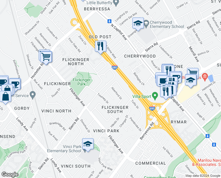 map of restaurants, bars, coffee shops, grocery stores, and more near 1395 Aberford Drive in San Jose