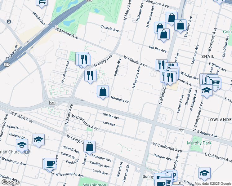 map of restaurants, bars, coffee shops, grocery stores, and more near 348 Potrero Avenue in Sunnyvale