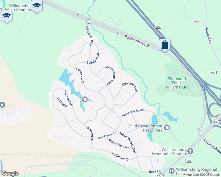 map of restaurants, bars, coffee shops, grocery stores, and more near 8487 Ashington Way in Williamsburg