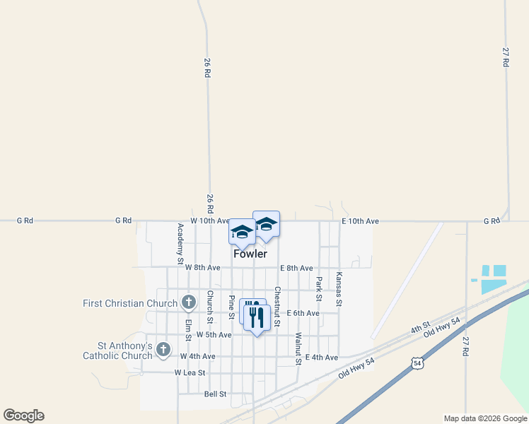 map of restaurants, bars, coffee shops, grocery stores, and more near 100 East 10th Avenue in Fowler