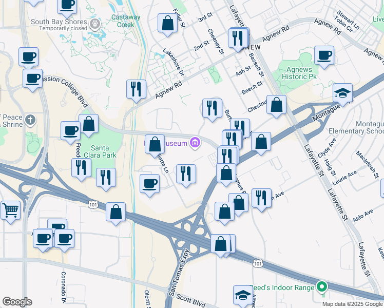 map of restaurants, bars, coffee shops, grocery stores, and more near 2200 Mission College Boulevard in Santa Clara
