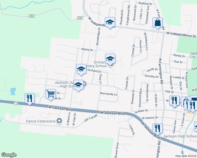 map of restaurants, bars, coffee shops, grocery stores, and more near 325 East Lane in Jackson
