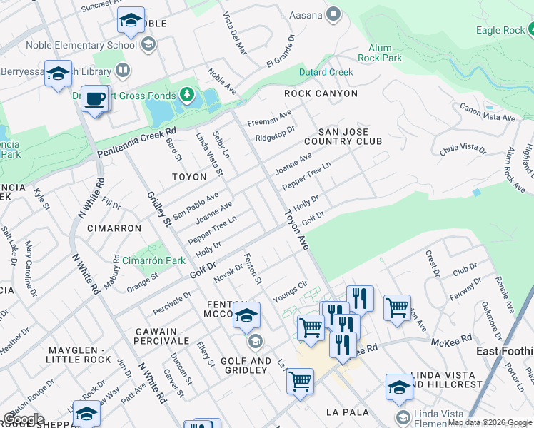 map of restaurants, bars, coffee shops, grocery stores, and more near 698 Linda Flora Street in San Jose