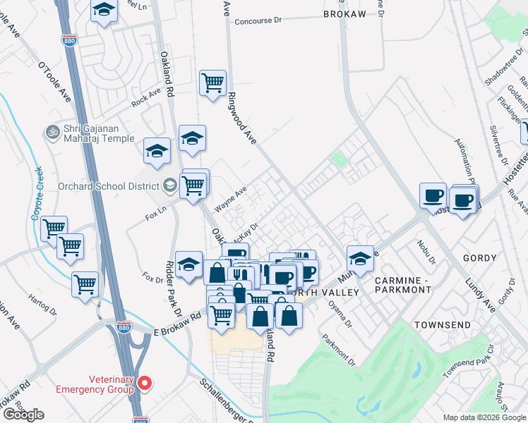 map of restaurants, bars, coffee shops, grocery stores, and more near 1061 McKay Drive in San Jose