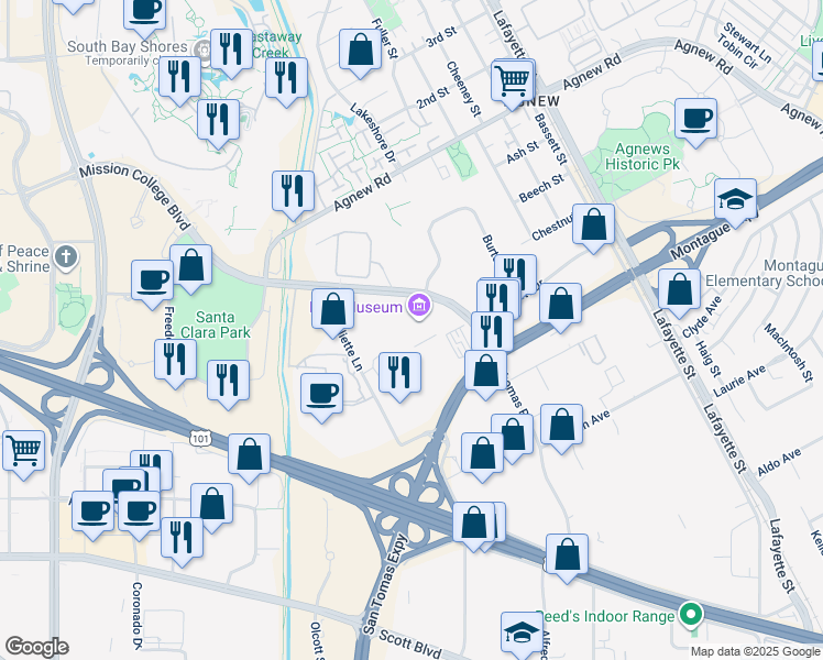 map of restaurants, bars, coffee shops, grocery stores, and more near 2200 Mission College Blvd in Santa Clara
