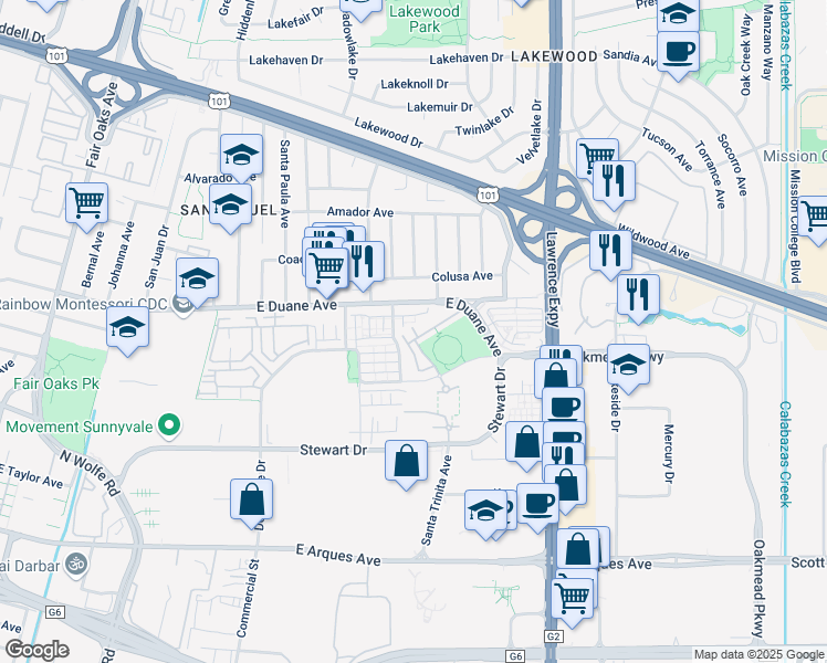 map of restaurants, bars, coffee shops, grocery stores, and more near 984 Crestline Terrace in Sunnyvale