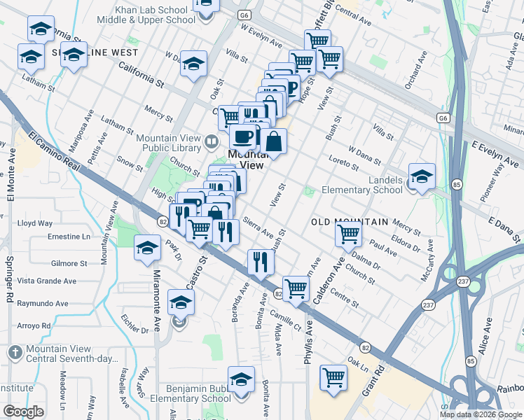 map of restaurants, bars, coffee shops, grocery stores, and more near 624 Church Street in Mountain View