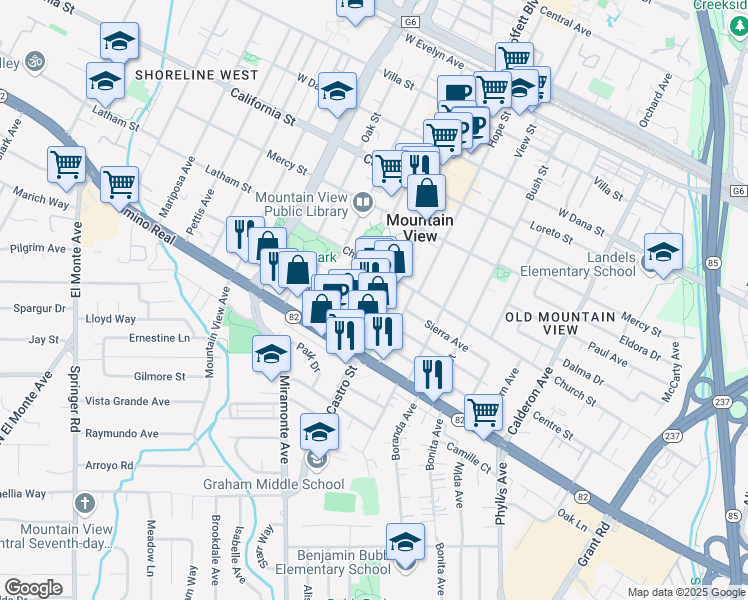 map of restaurants, bars, coffee shops, grocery stores, and more near 750 Castro Street in Mountain View