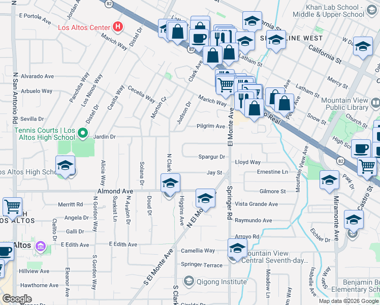 map of restaurants, bars, coffee shops, grocery stores, and more near 609 Spargur Drive in Los Altos