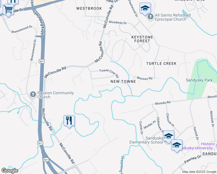 map of restaurants, bars, coffee shops, grocery stores, and more near 449 Three Creeks Court in Lynchburg