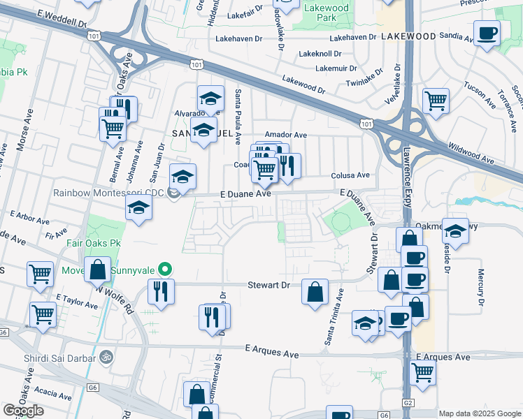 map of restaurants, bars, coffee shops, grocery stores, and more near 919 Delano Terrace in Sunnyvale
