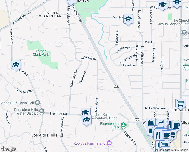 map of restaurants, bars, coffee shops, grocery stores, and more near 14423 Miranda Court in Los Altos Hills