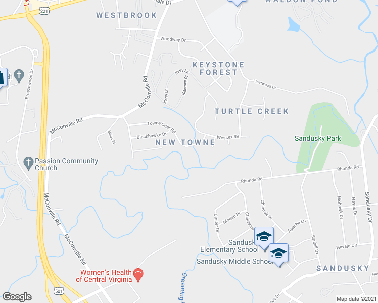 map of restaurants, bars, coffee shops, grocery stores, and more near 317 Towne Crier Road in Lynchburg