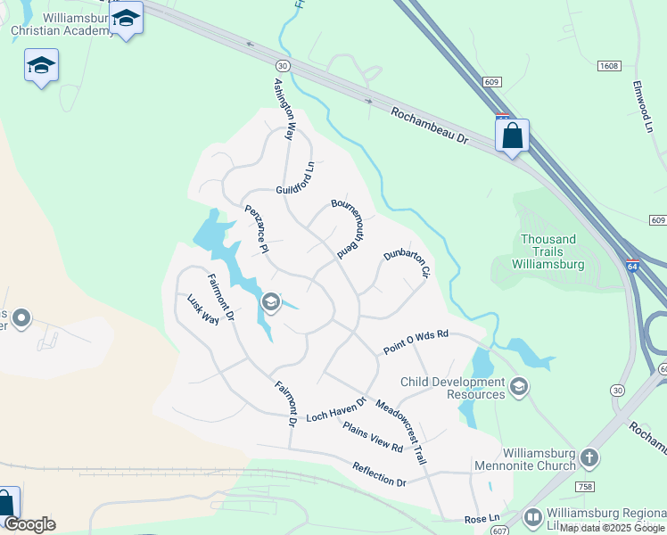 map of restaurants, bars, coffee shops, grocery stores, and more near 3967 Guildford Lane in Williamsburg
