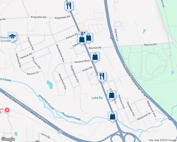 map of restaurants, bars, coffee shops, grocery stores, and more near 2621 Velda Road in Richmond