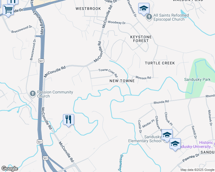 map of restaurants, bars, coffee shops, grocery stores, and more near 449 Three Creeks Court in Lynchburg