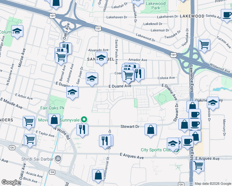 map of restaurants, bars, coffee shops, grocery stores, and more near 870 Cotati Terrace in Sunnyvale