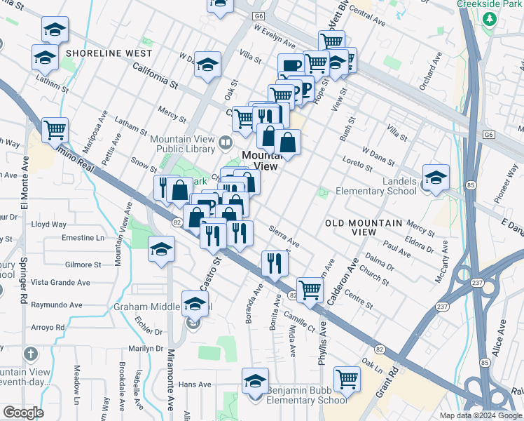 map of restaurants, bars, coffee shops, grocery stores, and more near 666 Hope Street in Mountain View