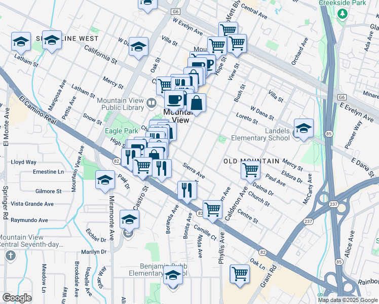map of restaurants, bars, coffee shops, grocery stores, and more near 624 Church Street in Mountain View