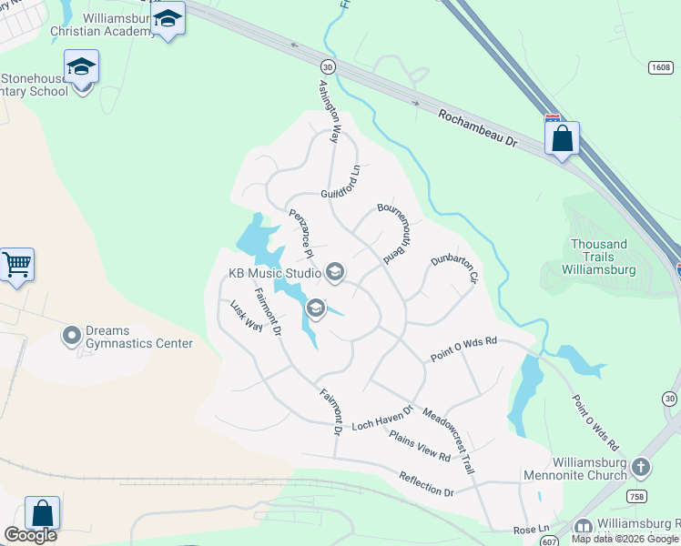 map of restaurants, bars, coffee shops, grocery stores, and more near 4009 Penzance Place in Williamsburg