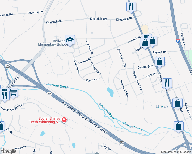 map of restaurants, bars, coffee shops, grocery stores, and more near 3018 Kenova Drive in Richmond
