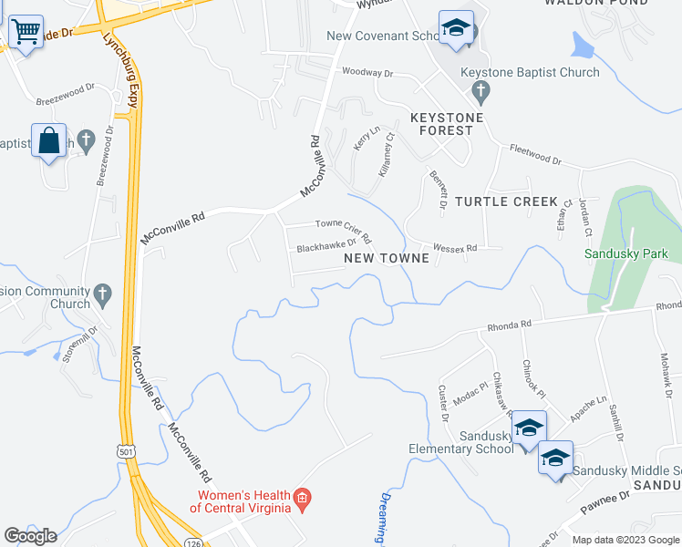 map of restaurants, bars, coffee shops, grocery stores, and more near 441 Three Creeks Court in Lynchburg