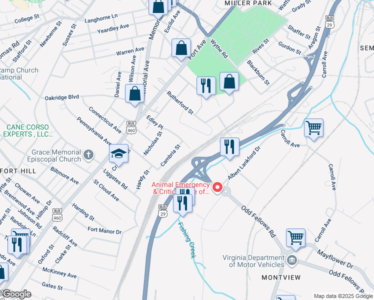 map of restaurants, bars, coffee shops, grocery stores, and more near 1509 Edley Place in Lynchburg