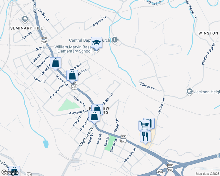map of restaurants, bars, coffee shops, grocery stores, and more near 1700 Kentucky Avenue in Lynchburg