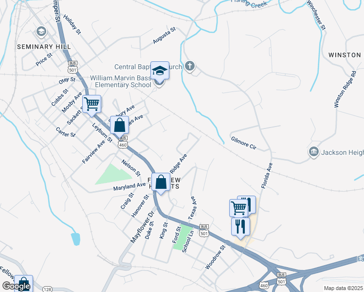 map of restaurants, bars, coffee shops, grocery stores, and more near 1700 Kentucky Avenue in Lynchburg