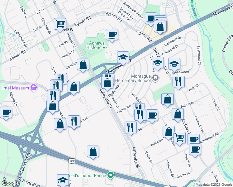 map of restaurants, bars, coffee shops, grocery stores, and more near 1038 Leith Avenue in Santa Clara