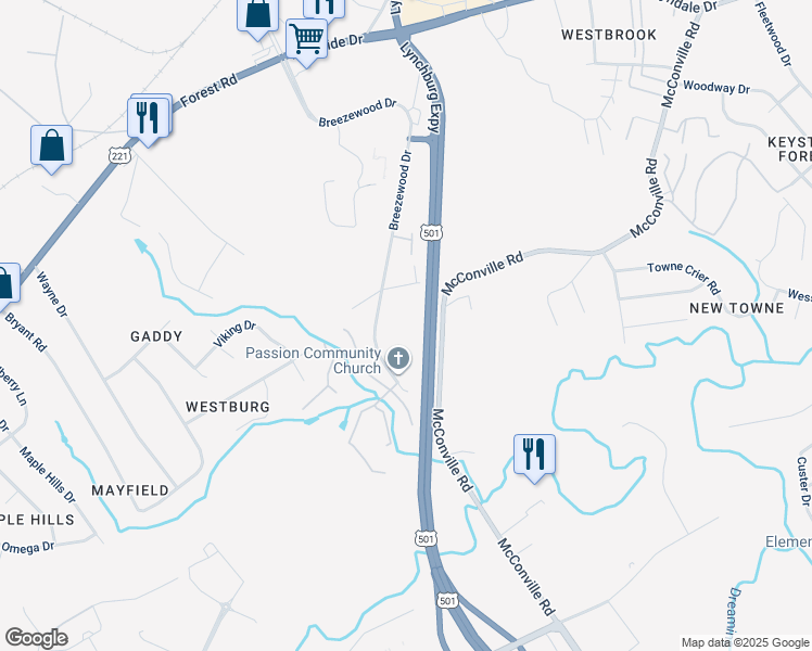 map of restaurants, bars, coffee shops, grocery stores, and more near 428 Breezewood Dr in Lynchburg