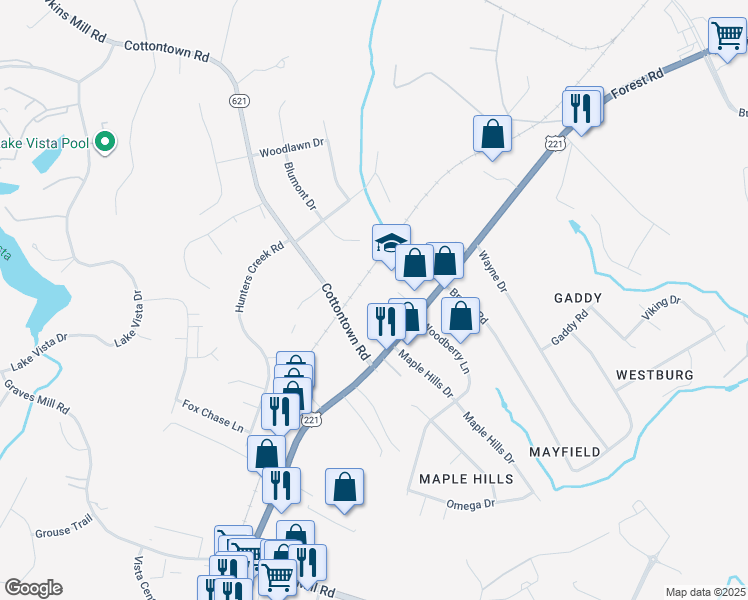 map of restaurants, bars, coffee shops, grocery stores, and more near 1070 Woodberry Square Place in Lynchburg