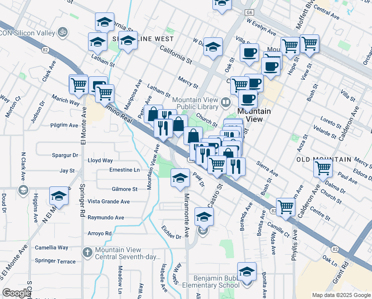 map of restaurants, bars, coffee shops, grocery stores, and more near 1066 California 82 in Mountain View