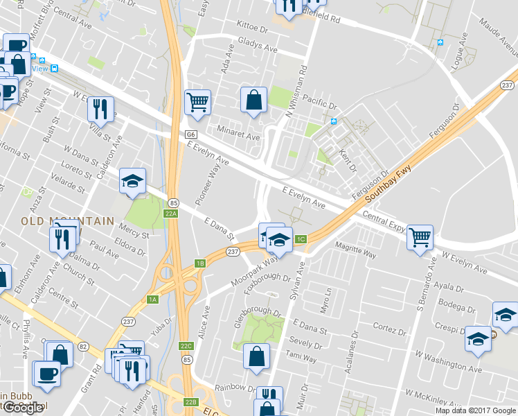 map of restaurants, bars, coffee shops, grocery stores, and more near South Whisman Road in Mountain View