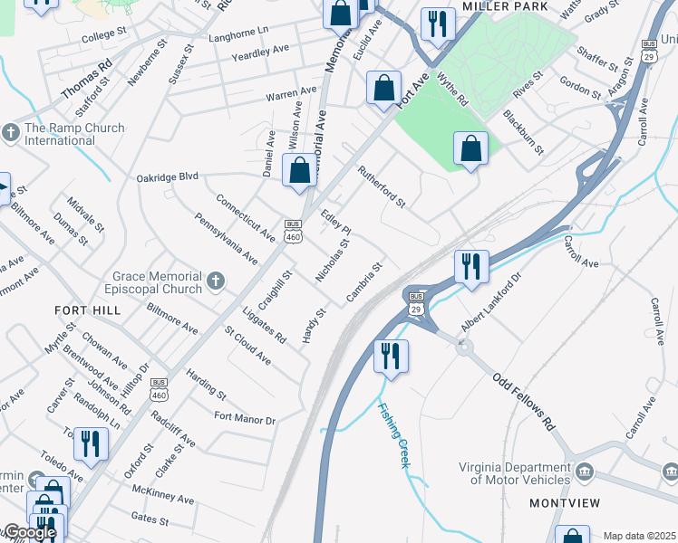 map of restaurants, bars, coffee shops, grocery stores, and more near 3812 Nicholas Street in Lynchburg